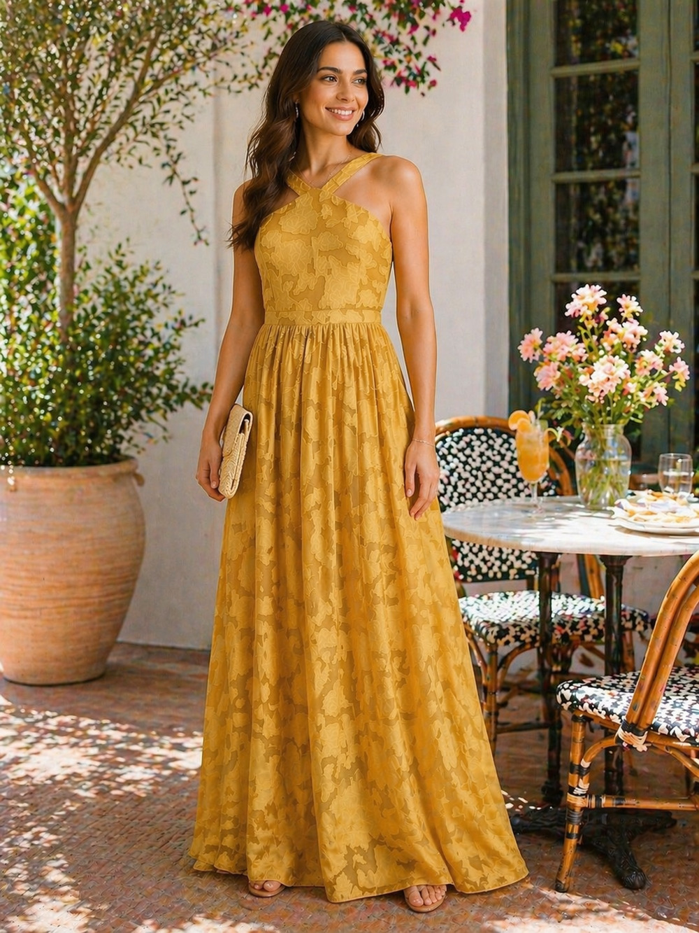 Mustard Yellow Burnout Floral Lulus Halter Maxi Dress Sz Small Romantic Flowy